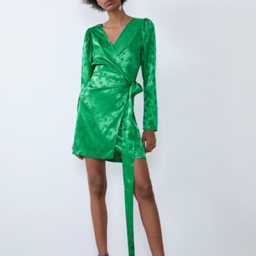 Zara Emerald Satin Long Sleeve Dress